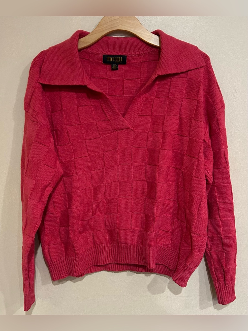 Truth By Republic Pink Checkered Collar V Neck Sweater Large Preppy